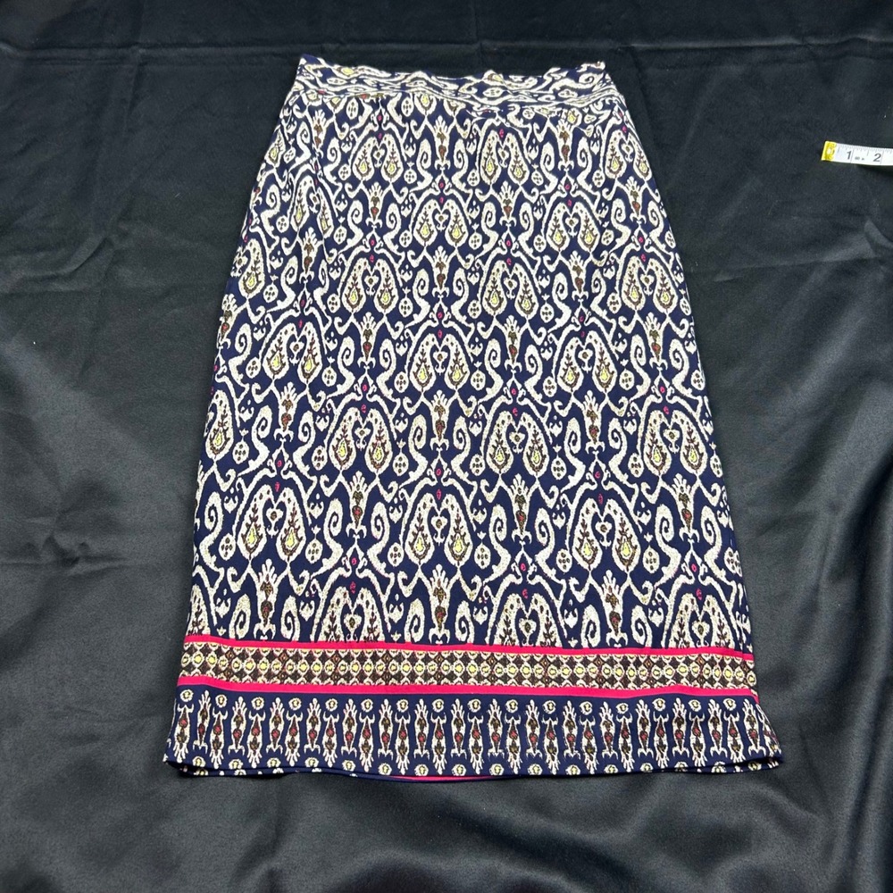 Gilli Womens Ikat Damask Midi Pencil Skirt Navy Pink Stretch Jersey Small S1075
